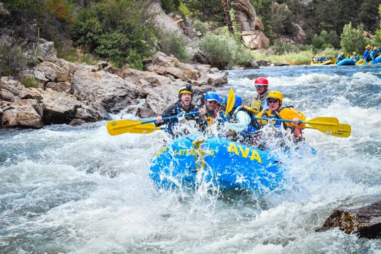 A thrilling moment captured as a raft plunges down a steep drop, surrounded by cascading whitewater.
