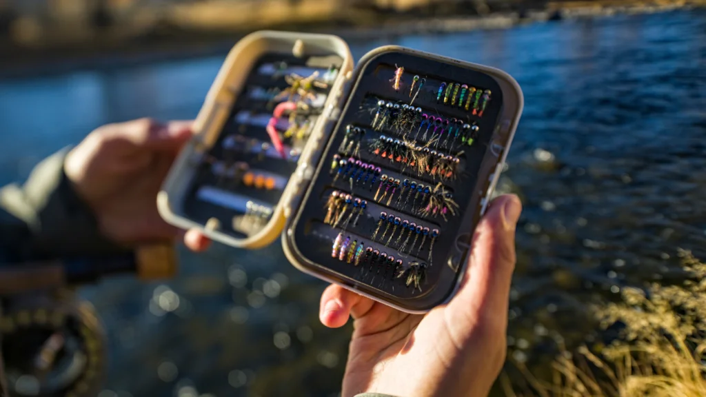 Close up image of a person holding a container of lures.