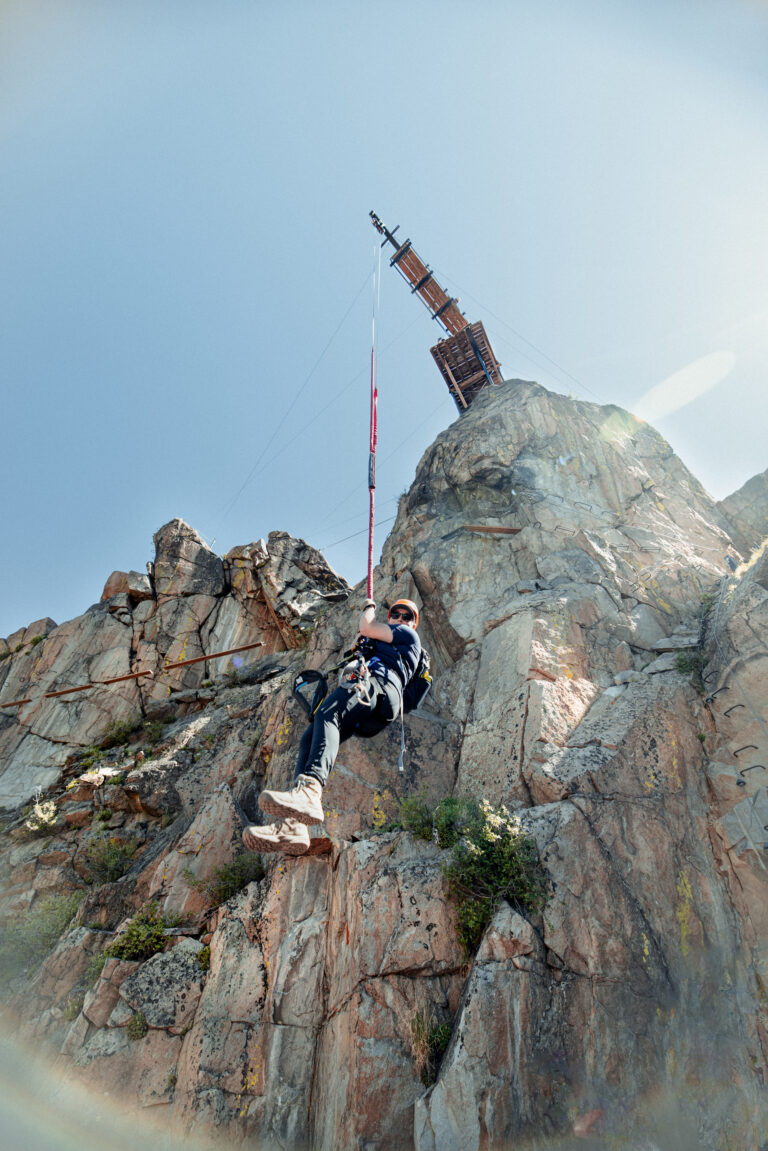 Guest on the 78-foot free fall on AVA's Granite Via Ferrata course.