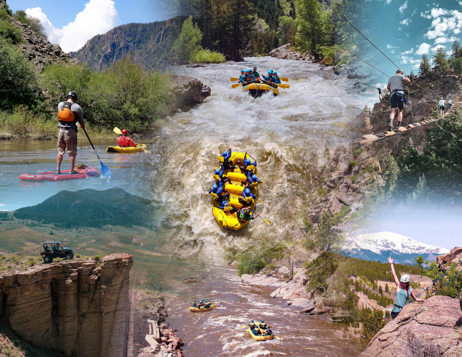 a collage of whitewater rafting, UTVs, and ziplining