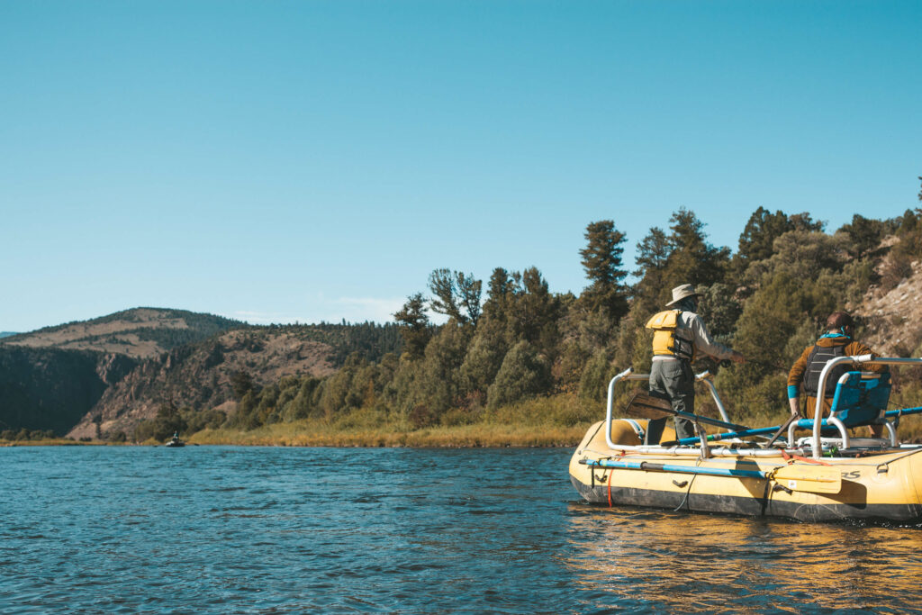 Fly fishing on an inflatable boat.