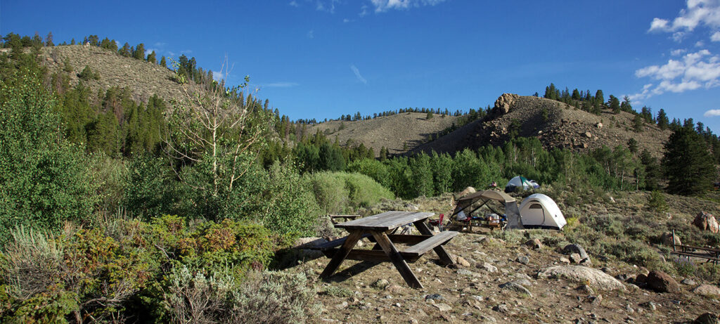 Picnic tables and tents in the camping area behind AVA's Buena Vista outpost.