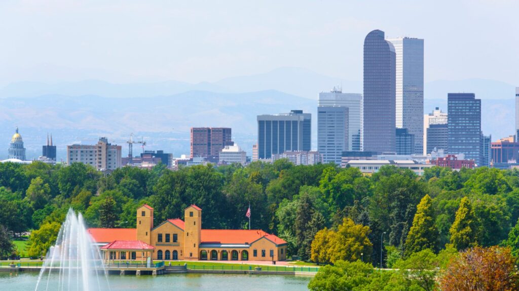 Denver skyline and view of city park