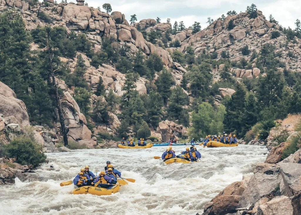 Group of rafts paddling through Brown's Canyon on the Arkansas River