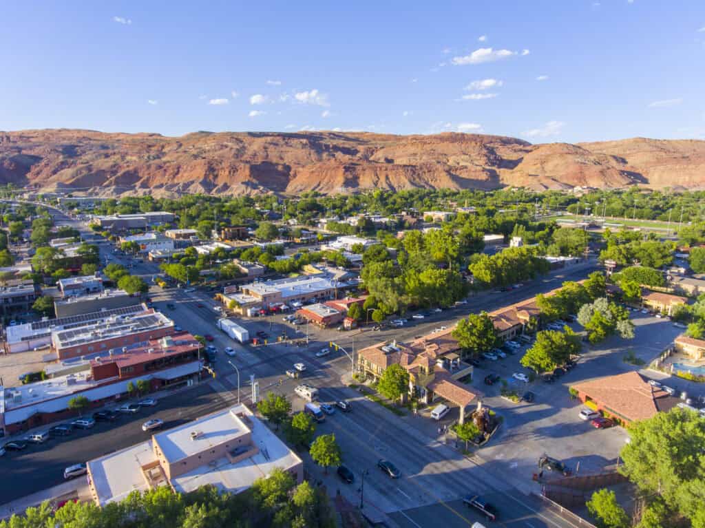 aerial view of moab city center and historic buildings
