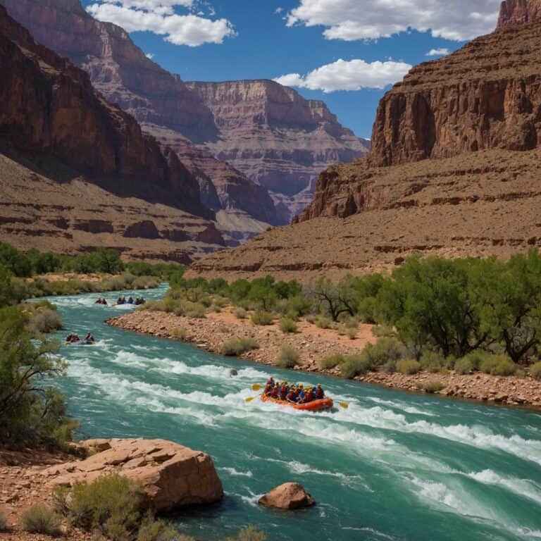groups rafting along the colorado river with a scenic backdrop